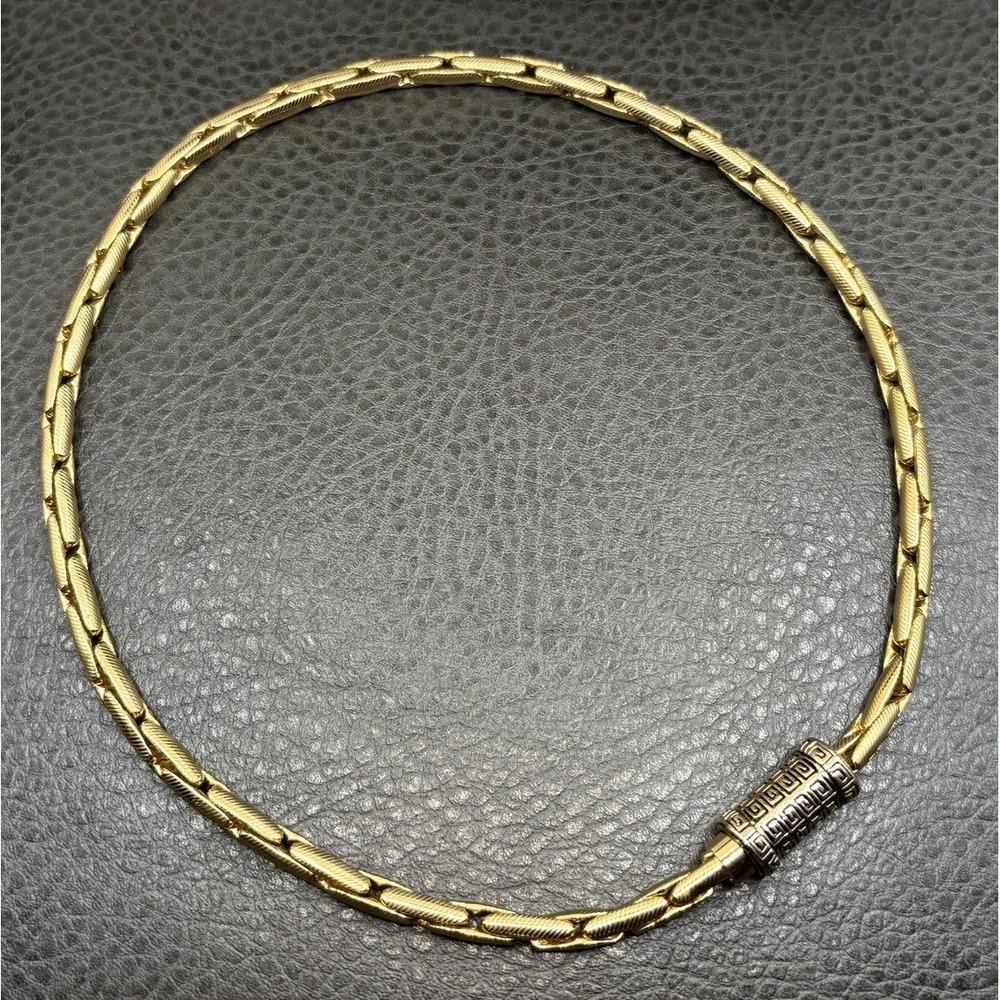 5MM Textured Link Chain Necklace Greek Key Barrel Magnetic Clasp 18" Gold Tone